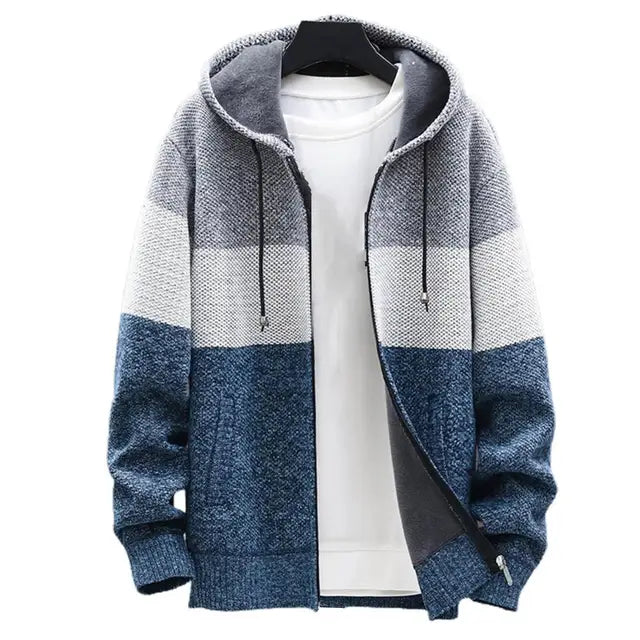 KNITTED WARM COLOR-BLOCK HOODED CARDIGAN