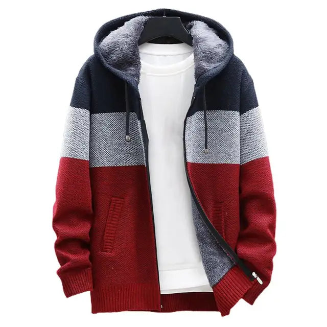 KNITTED WARM COLOR-BLOCK HOODED CARDIGAN
