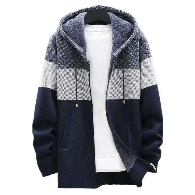 KNITTED WARM COLOR-BLOCK HOODED CARDIGAN