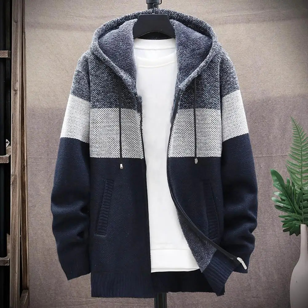 KNITTED WARM COLOR-BLOCK HOODED CARDIGAN