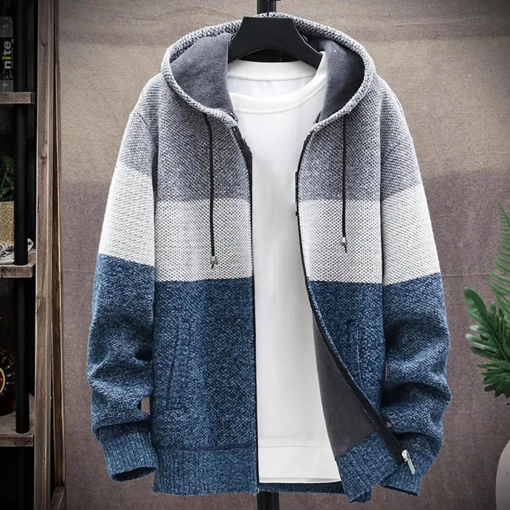 KNITTED WARM COLOR-BLOCK HOODED CARDIGAN