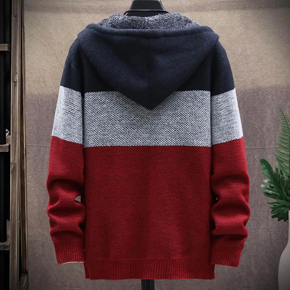 KNITTED WARM COLOR-BLOCK HOODED CARDIGAN