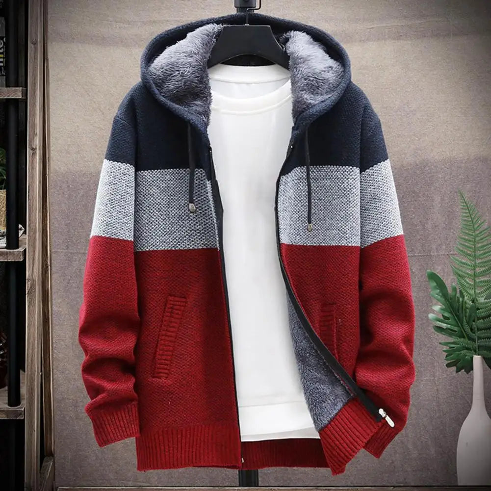 KNITTED WARM COLOR-BLOCK HOODED CARDIGAN