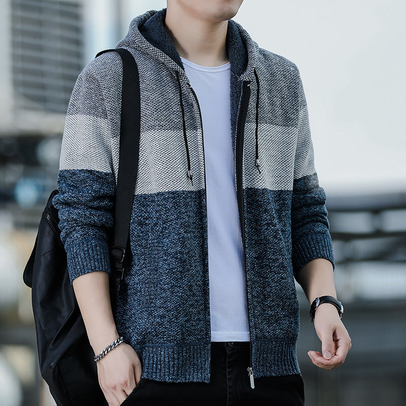 KNITTED WARM COLOR-BLOCK HOODED CARDIGAN
