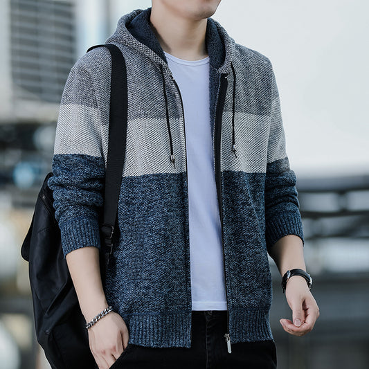 KNITTED WARM COLOR-BLOCK HOODED CARDIGAN