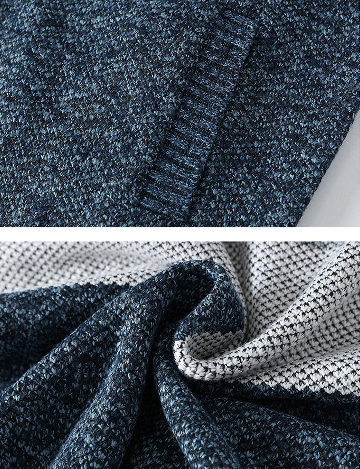 KNITTED WARM COLOR-BLOCK HOODED CARDIGAN