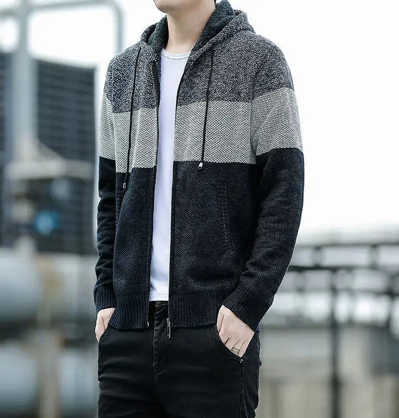 KNITTED WARM COLOR-BLOCK HOODED CARDIGAN