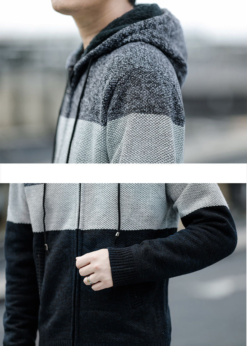 KNITTED WARM COLOR-BLOCK HOODED CARDIGAN