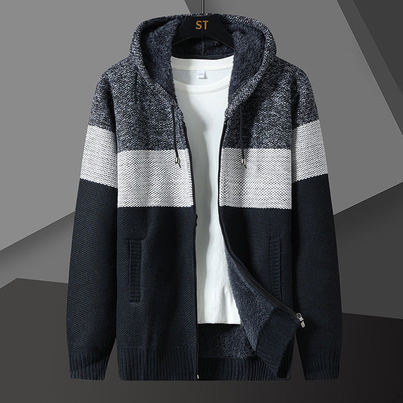 KNITTED WARM COLOR-BLOCK HOODED CARDIGAN