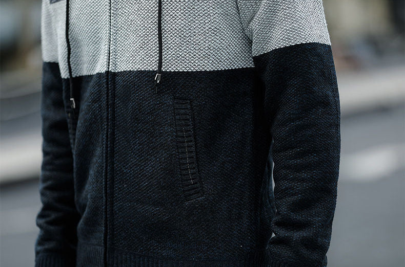 KNITTED WARM COLOR-BLOCK HOODED CARDIGAN