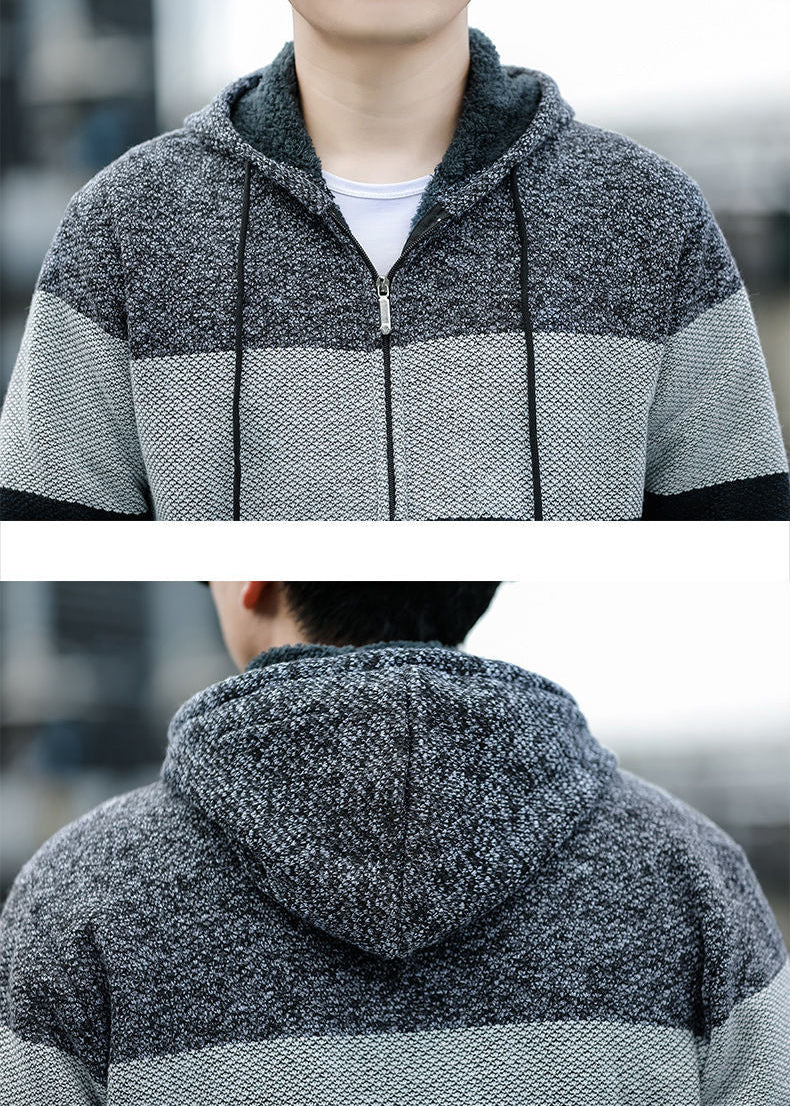 KNITTED WARM COLOR-BLOCK HOODED CARDIGAN