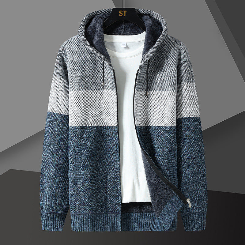 KNITTED WARM COLOR-BLOCK HOODED CARDIGAN