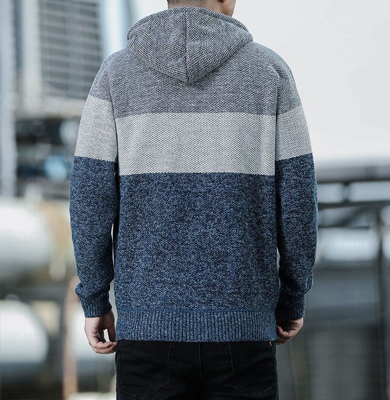 KNITTED WARM COLOR-BLOCK HOODED CARDIGAN