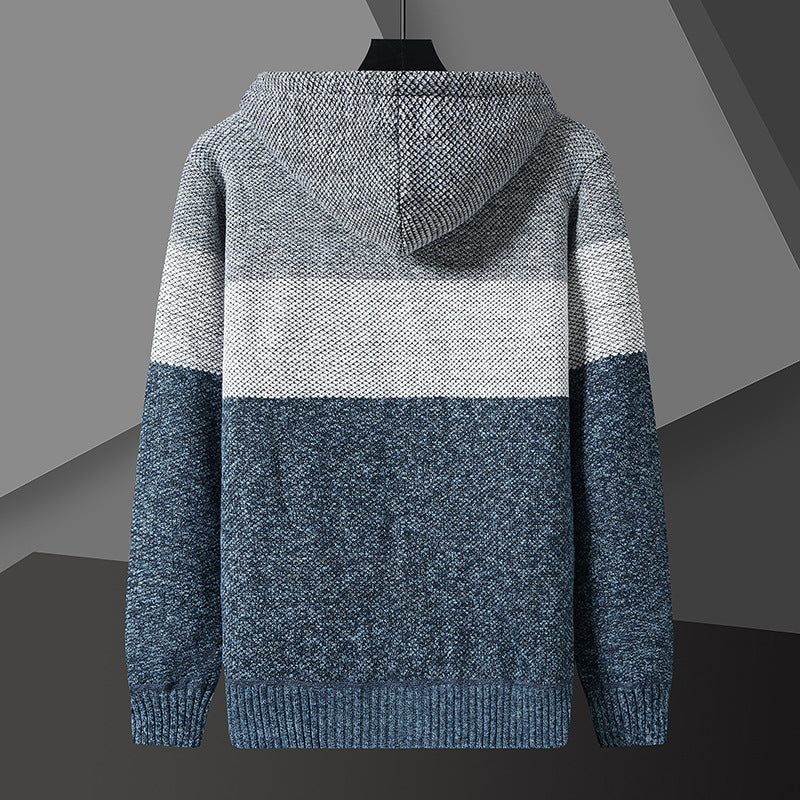 KNITTED WARM COLOR-BLOCK HOODED CARDIGAN