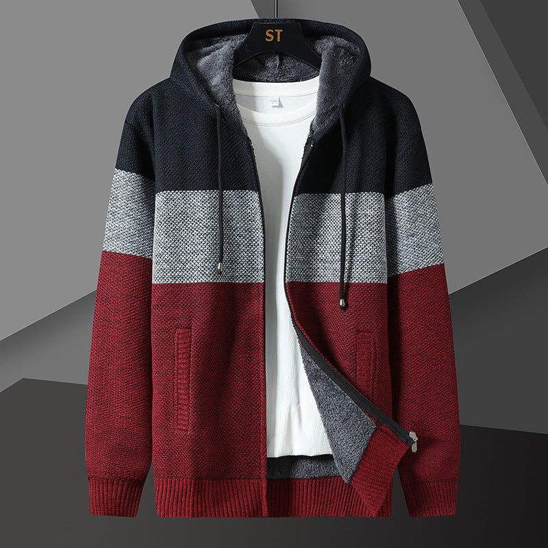 KNITTED WARM COLOR-BLOCK HOODED CARDIGAN